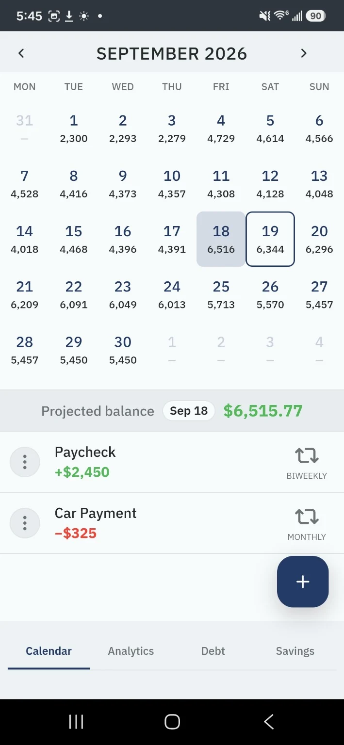 Simple Budget Calendar: Calendar and projected balances