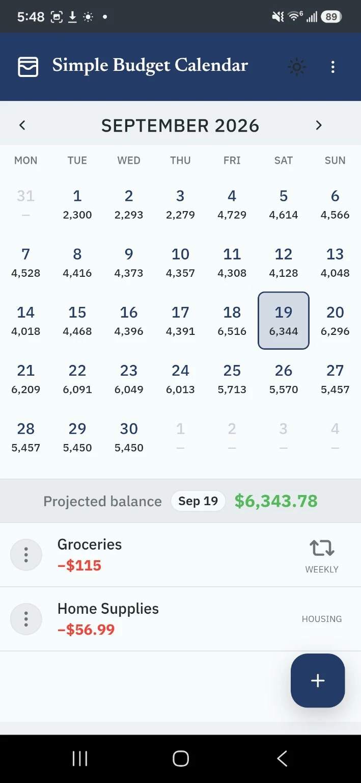 Simple Budget Calendar: Recurring income and expenses